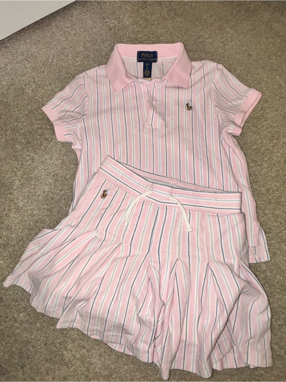 Polo by Ralph Lauren Light Pink White Blue Striped Girls Polo Top & Skort Set - Picture 3 of 8